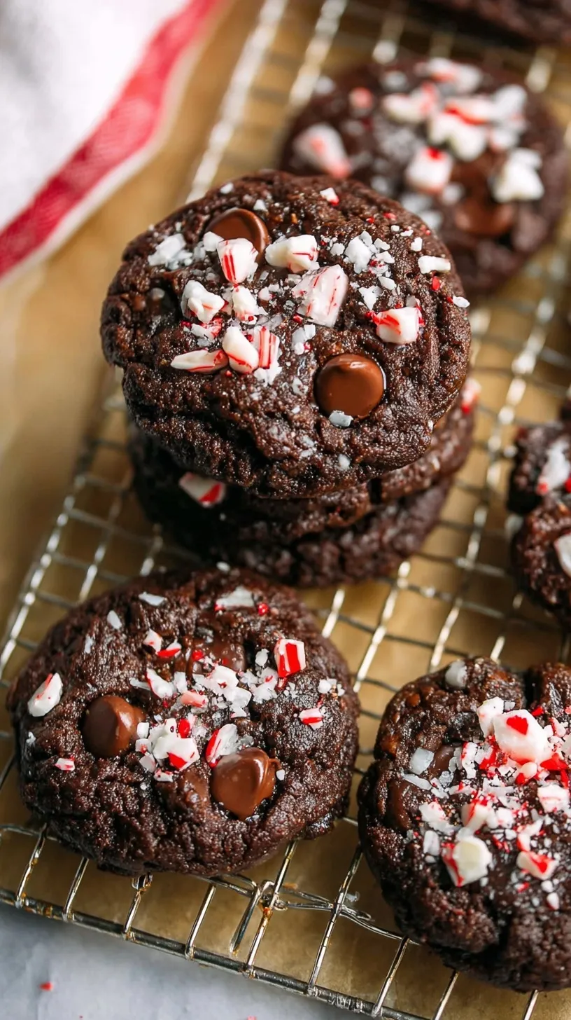 A stack of dark chocolate cookies topped with crushed red and white peppermint candy canes on a white plate.