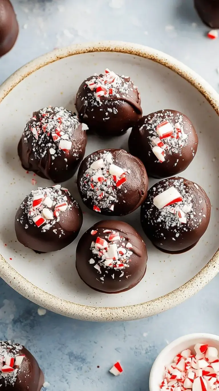 Close up of dark chocolate peppermint protein balls on a tray.
