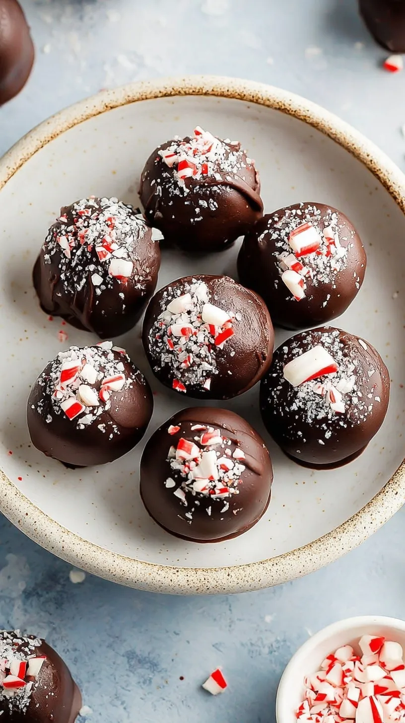 Close up of dark chocolate peppermint protein balls on a tray.