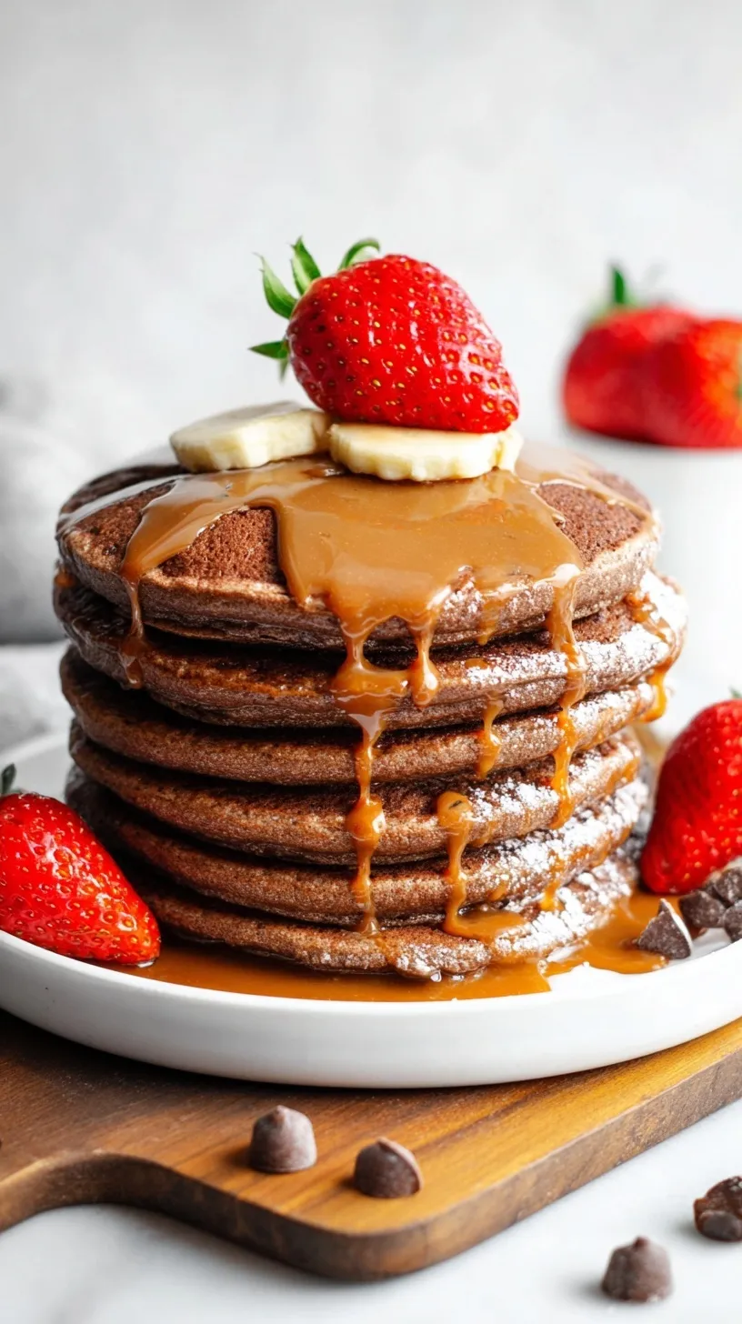 A stack of fluffy chocolate protein pancakes topped with fresh berries and a drizzle of almond butter.