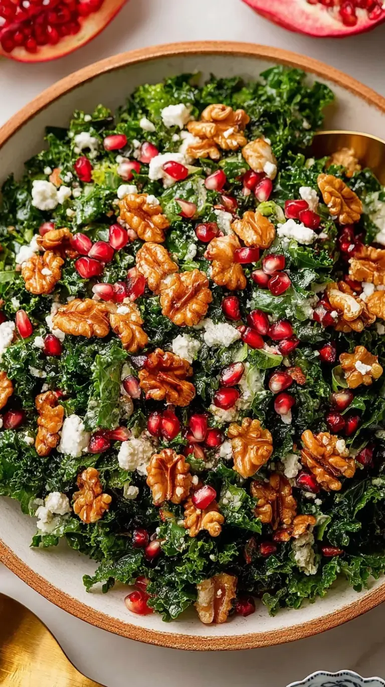 A vibrant Classic Christmas Salad in a large bowl with pomegranate arils, sliced apples, and goat cheese.