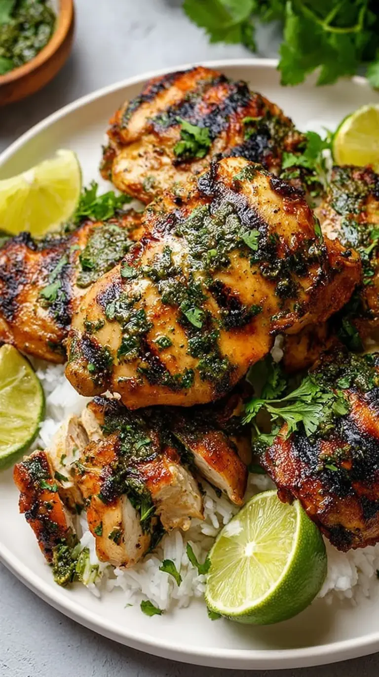 Juicy grilled cilantro lime chicken thighs garnished with fresh herbs and lime wedges on a platter