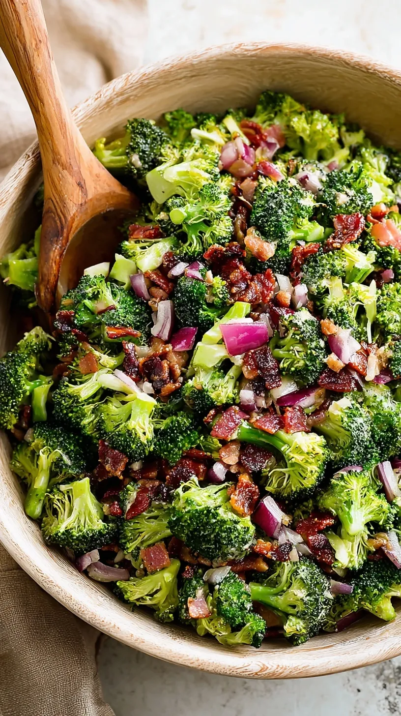 A colorful bowl of Classic Broccoli Salad with fresh broccoli, bacon bits, and sunflower seeds in a creamy dressing.