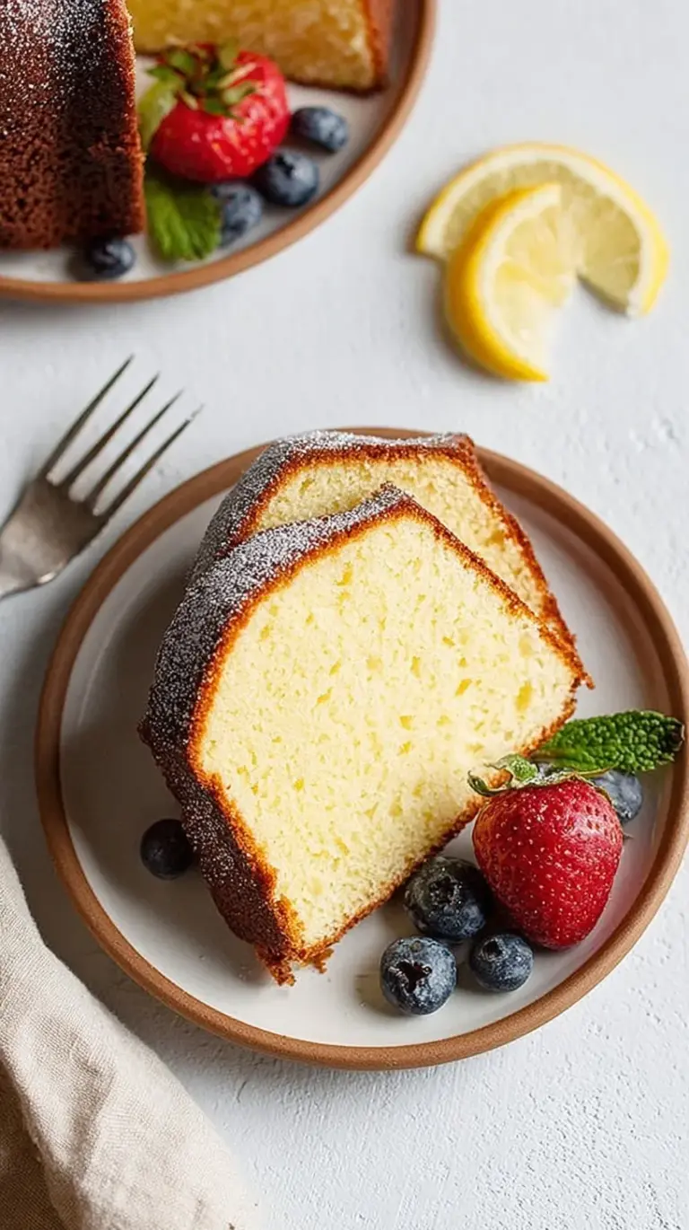 A golden brown classic homemade pound cake sliced on a white platter with a dusting of sugar.