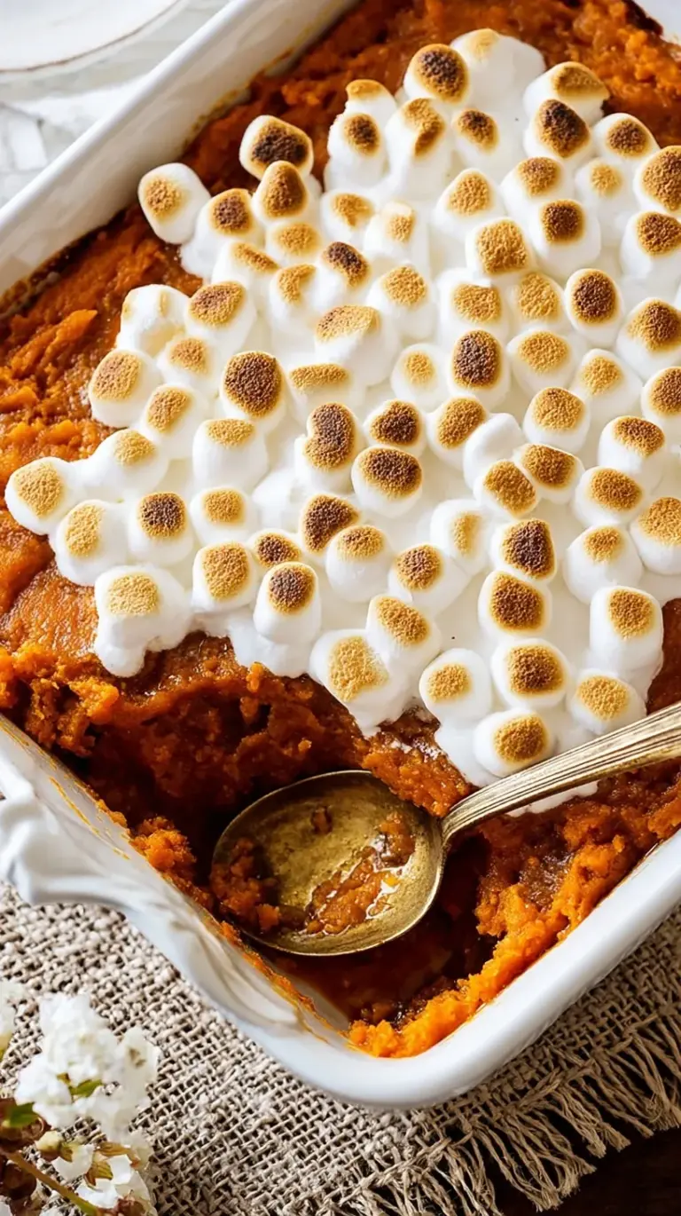 A golden brown Classic Sweet Potato Casserole with a crunchy pecan topping in a white baking dish.