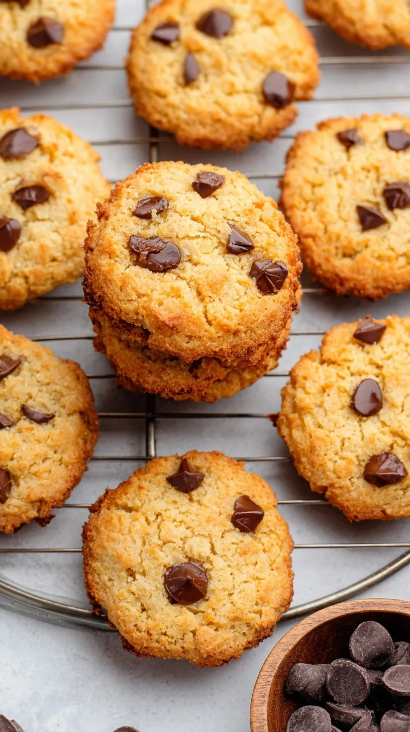 Golden brown coconut flour chocolate chip cookies on a baking sheet with dark chocolate chips melting on top.