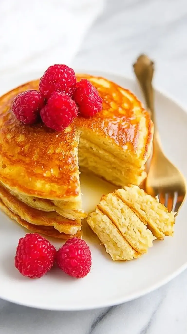 A stack of golden brown coconut flour pancakes topped with fresh berries and maple syrup on a white plate