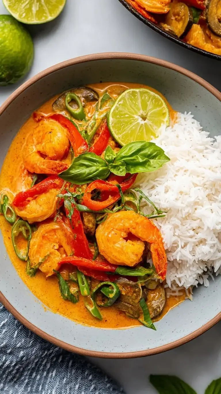 A vibrant skillet of Coconut Shrimp Curry with red peppers and fresh cilantro