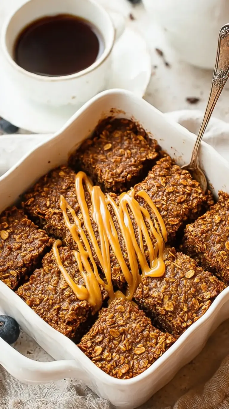 A golden brown square of coffee baked oatmeal topped with chocolate chips and walnuts in a white dish.