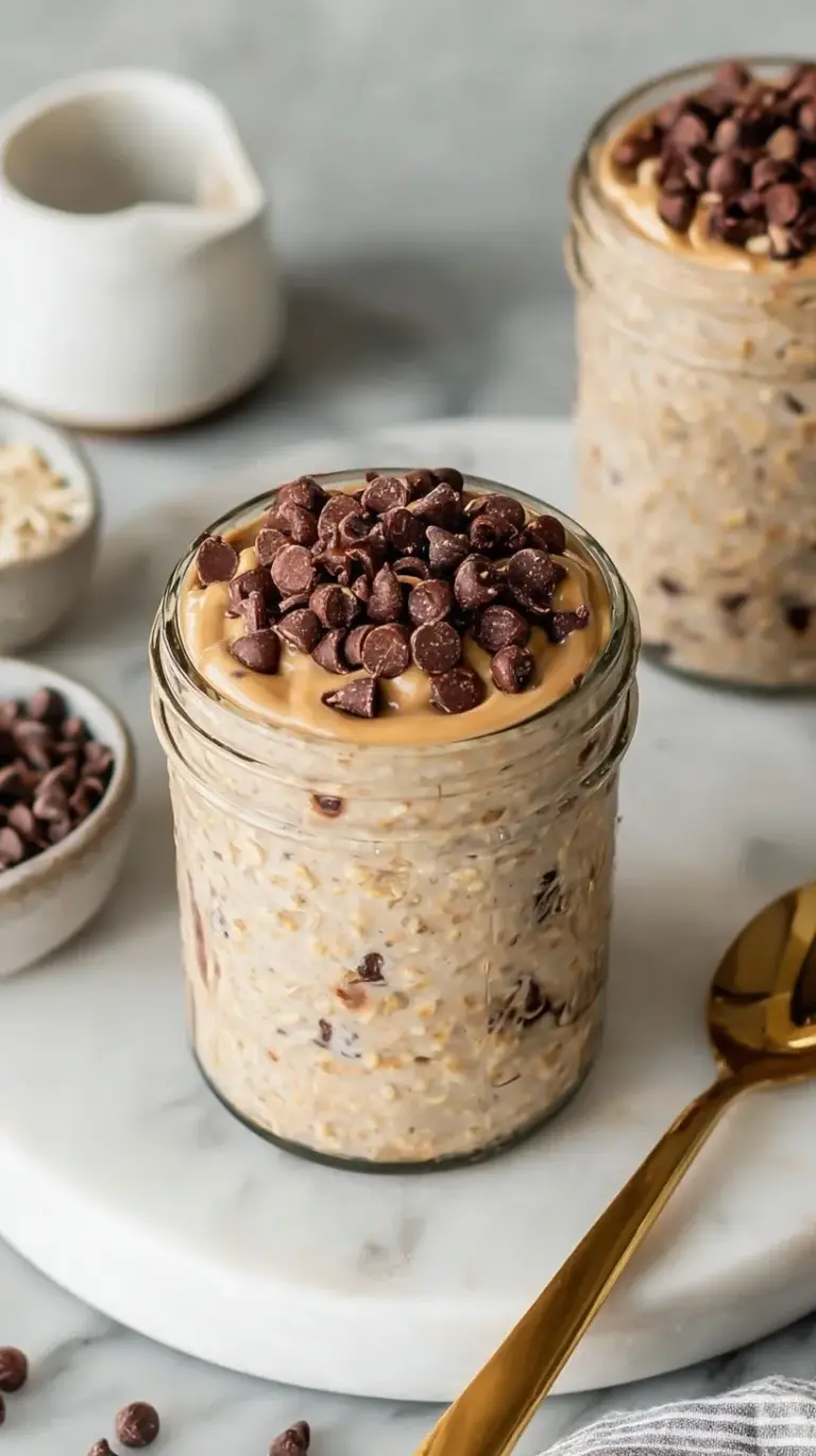 A glass jar filled with creamy cookie dough overnight oats topped with mini chocolate chips.