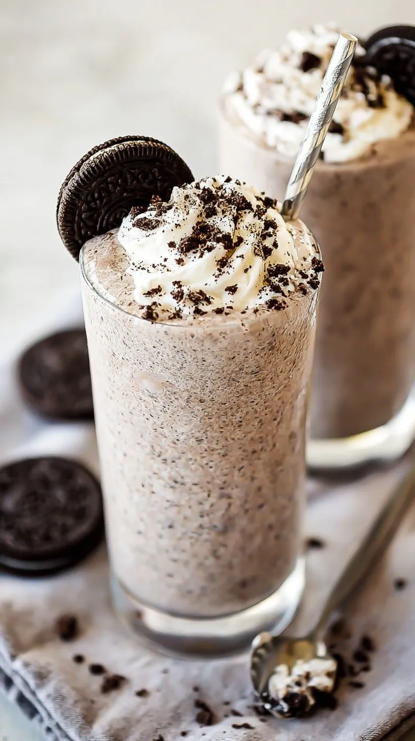 A frosty Cookies and Cream Protein Shake in a tall glass with cookie crumbles on top