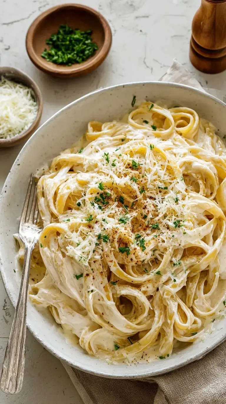 A bowl of fettuccine tossed in a smooth, creamy white cottage cheese alfredo sauce topped with fresh herbs.