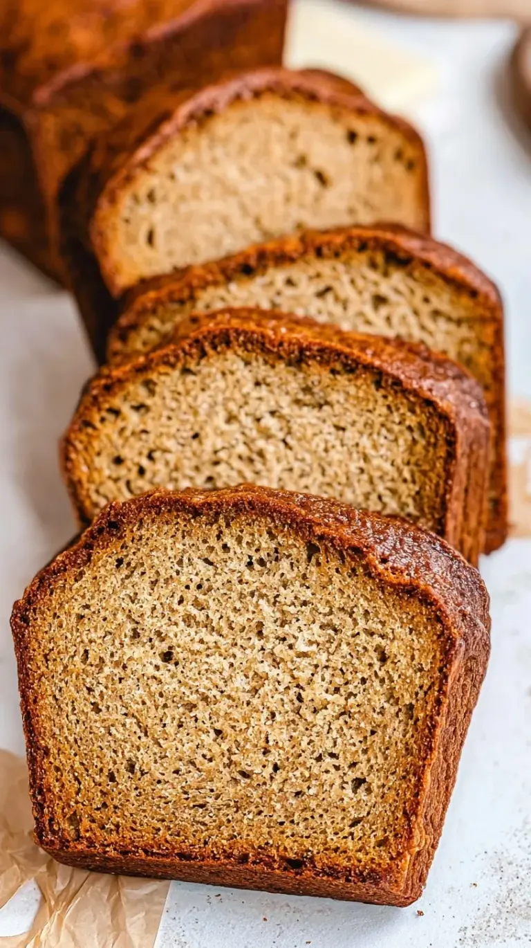 A golden loaf of sliced Cottage Cheese Banana Bread on a wire cooling rack.