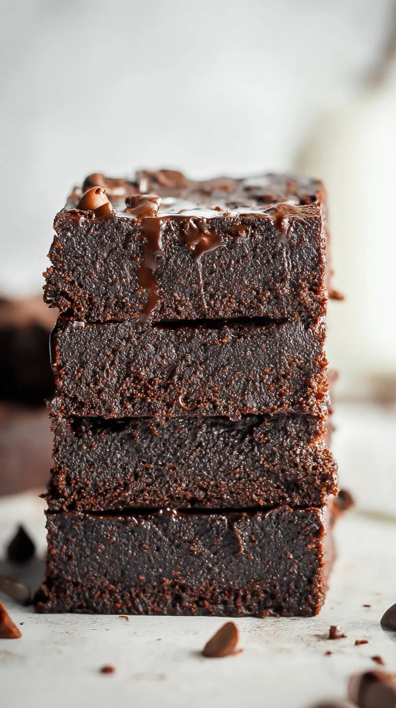 A stack of fudgy chocolate brownies topped with chocolate chips on a white plate.