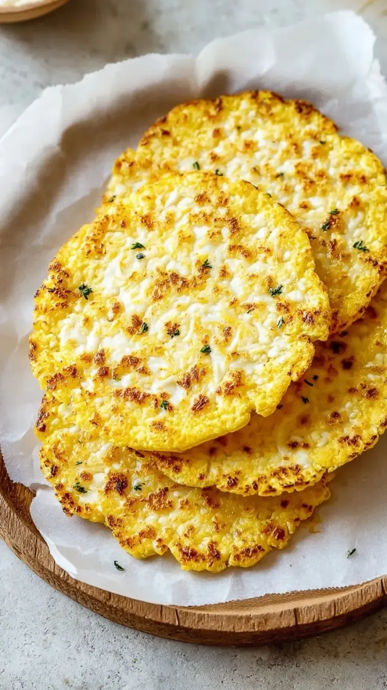 Golden brown Cottage Cheese Cauliflower Thins stacked on a baking sheet with fresh herbs