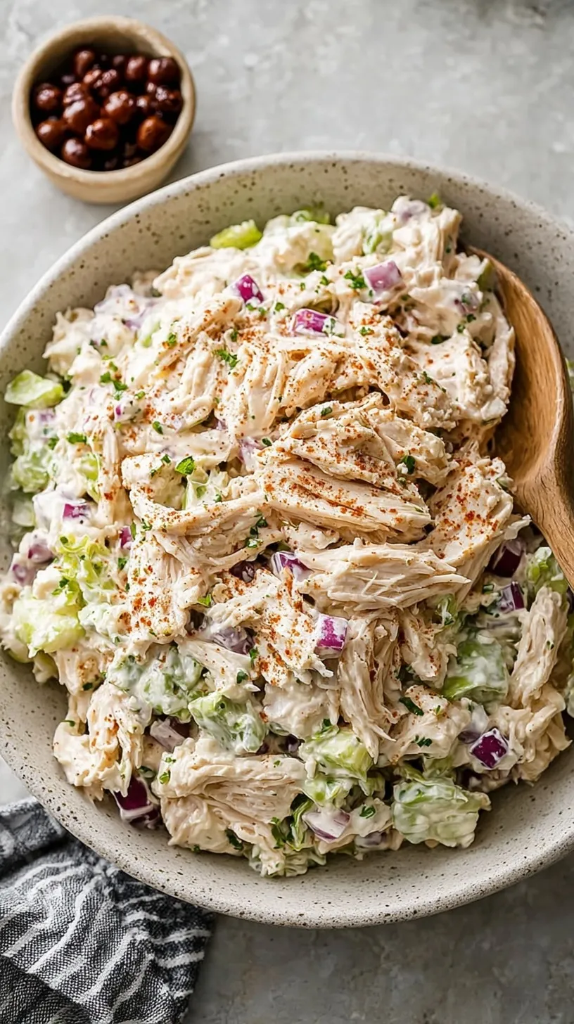 A bowl of creamy Cottage Cheese Chicken Salad with fresh chives and celery on a bright table