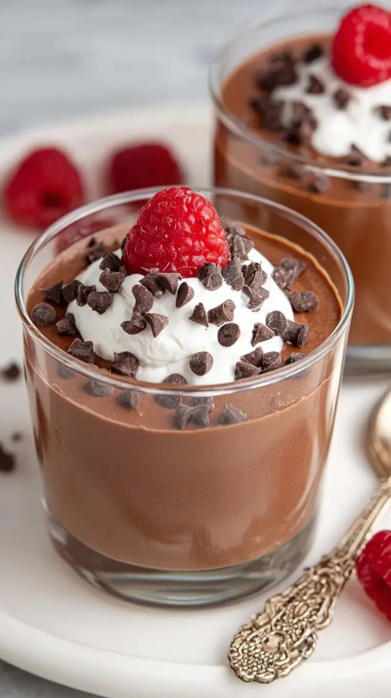 A glass bowl filled with smooth, dark chocolate mousse topped with fresh raspberries and chocolate shavings.