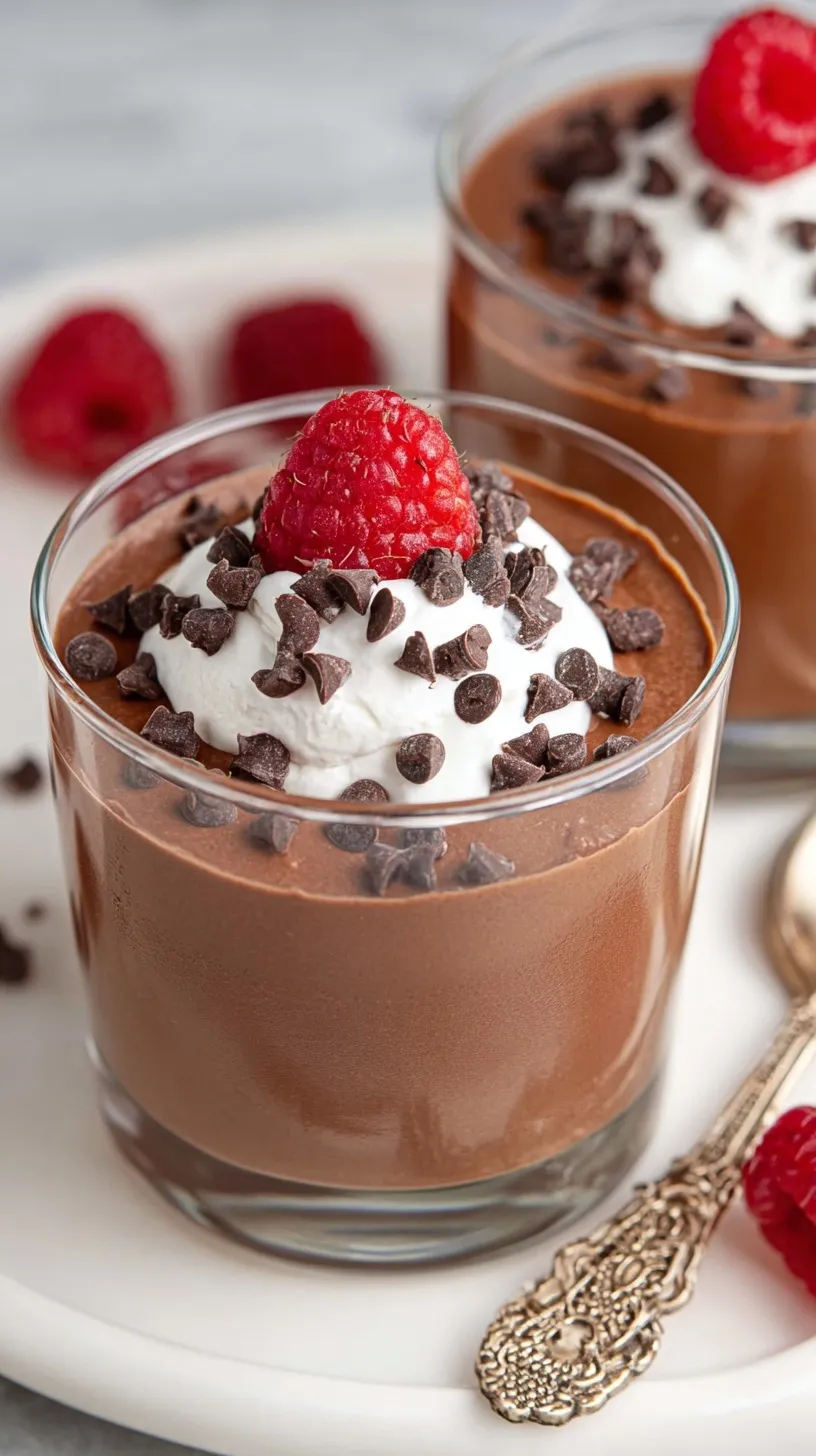 A glass bowl filled with smooth, dark chocolate mousse topped with fresh raspberries and chocolate shavings.