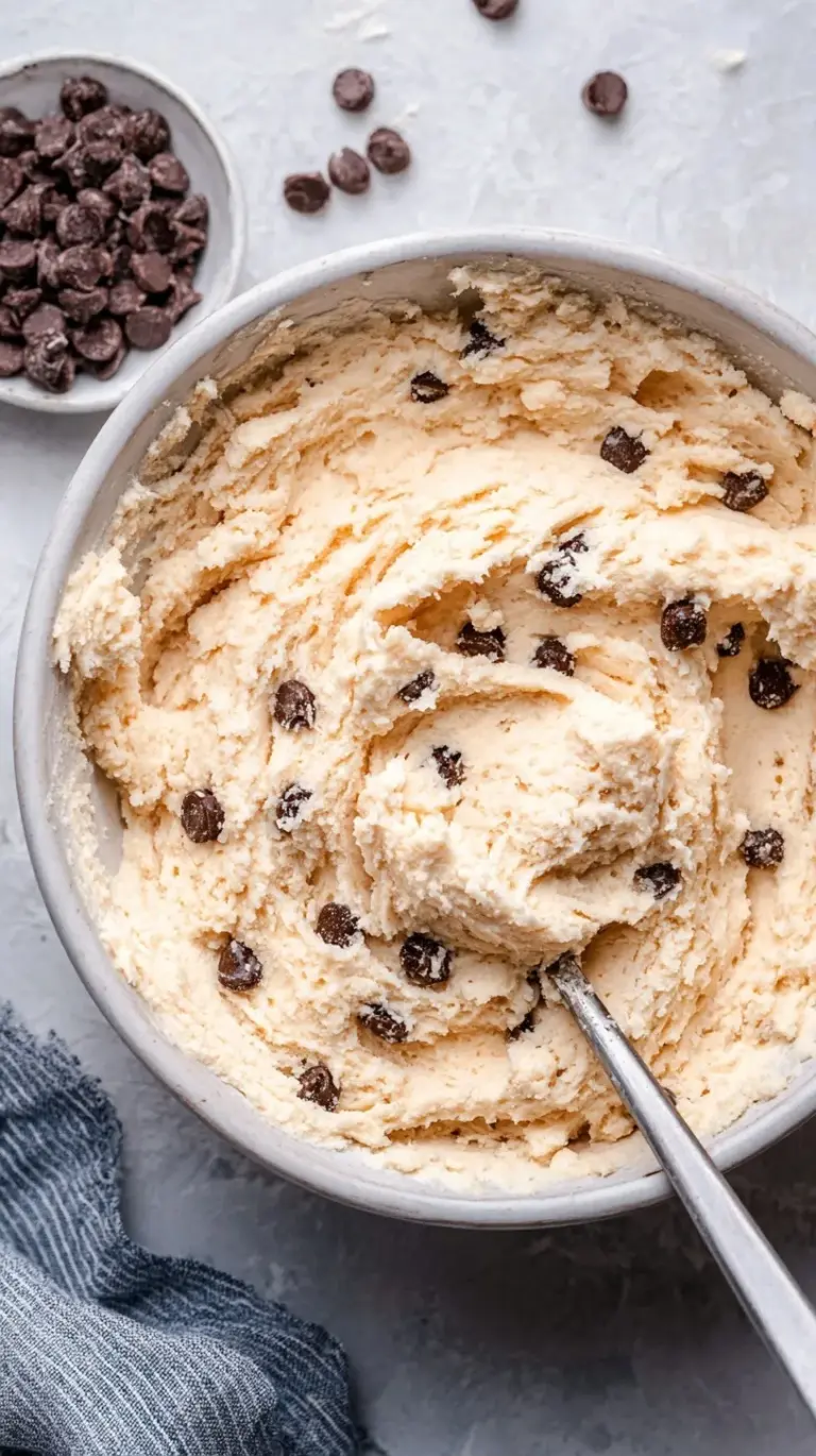 A bowl of creamy cottage cheese cookie dough topped with mini chocolate chips and a spoon.