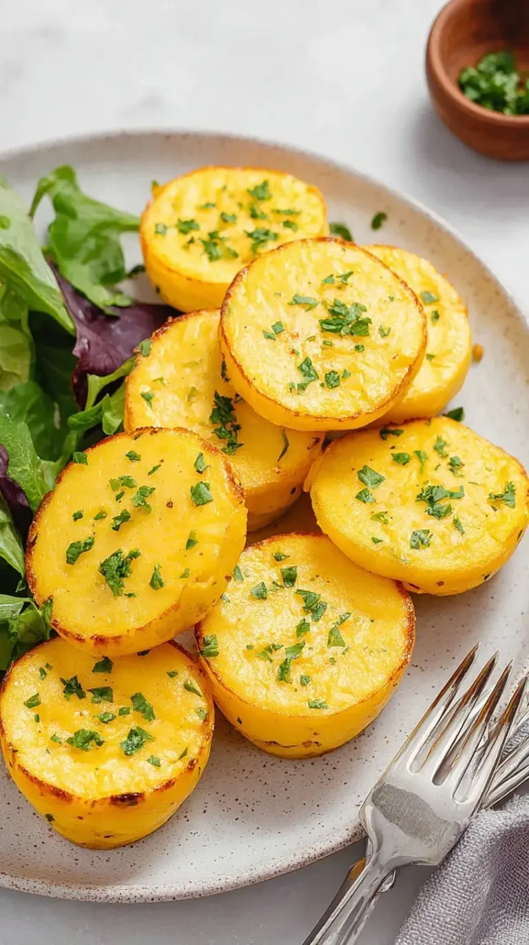 A tray of golden, silky Cottage Cheese Egg Bites on a white plate with fresh herbs.