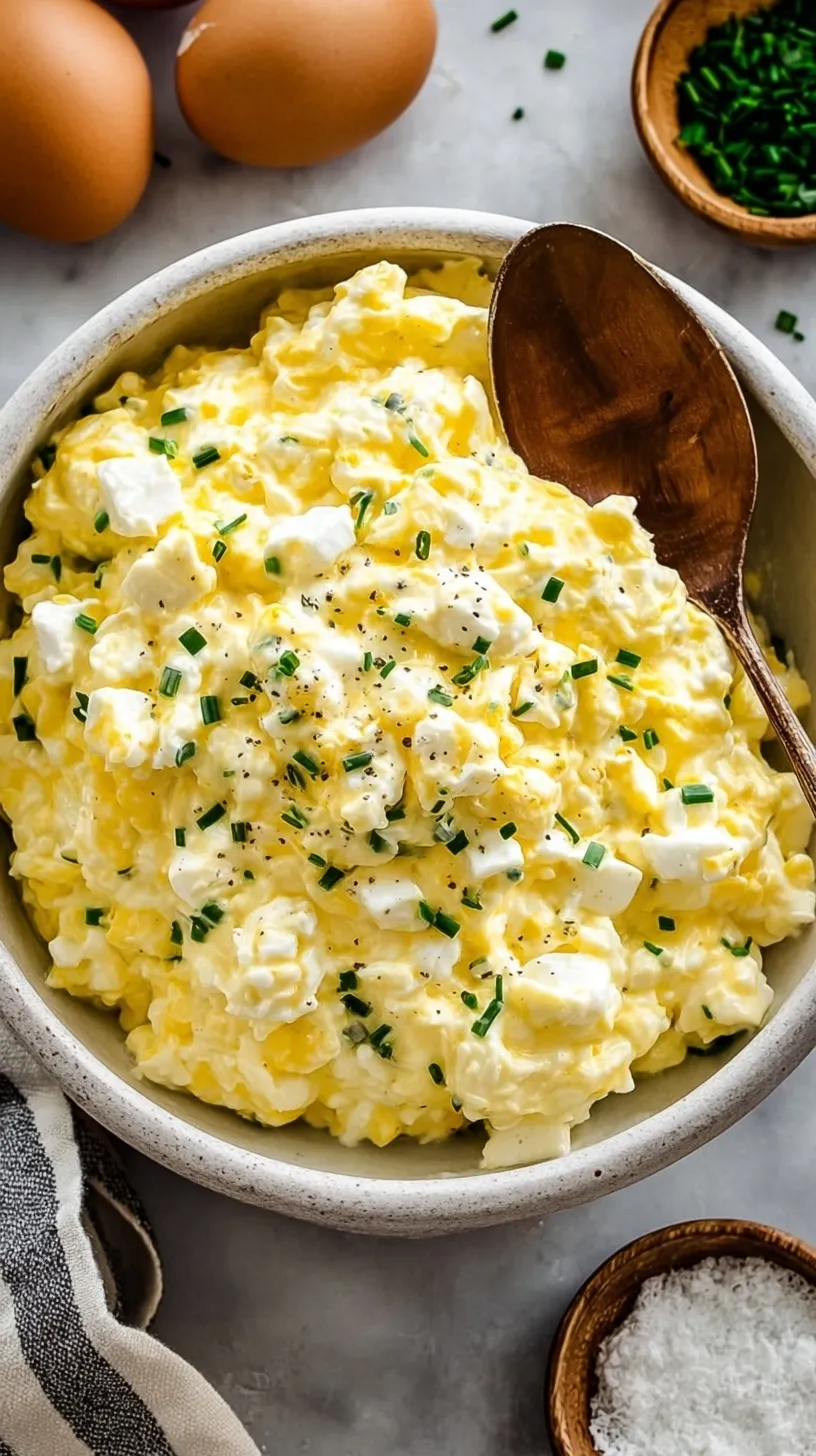 A bowl of creamy cottage cheese egg salad topped with fresh chives and smoked paprika on a wooden table.