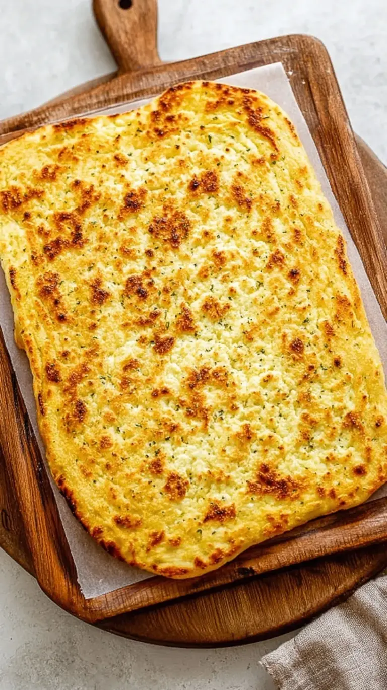 Golden brown cottage cheese flatbread on parchment paper with fresh herbs
