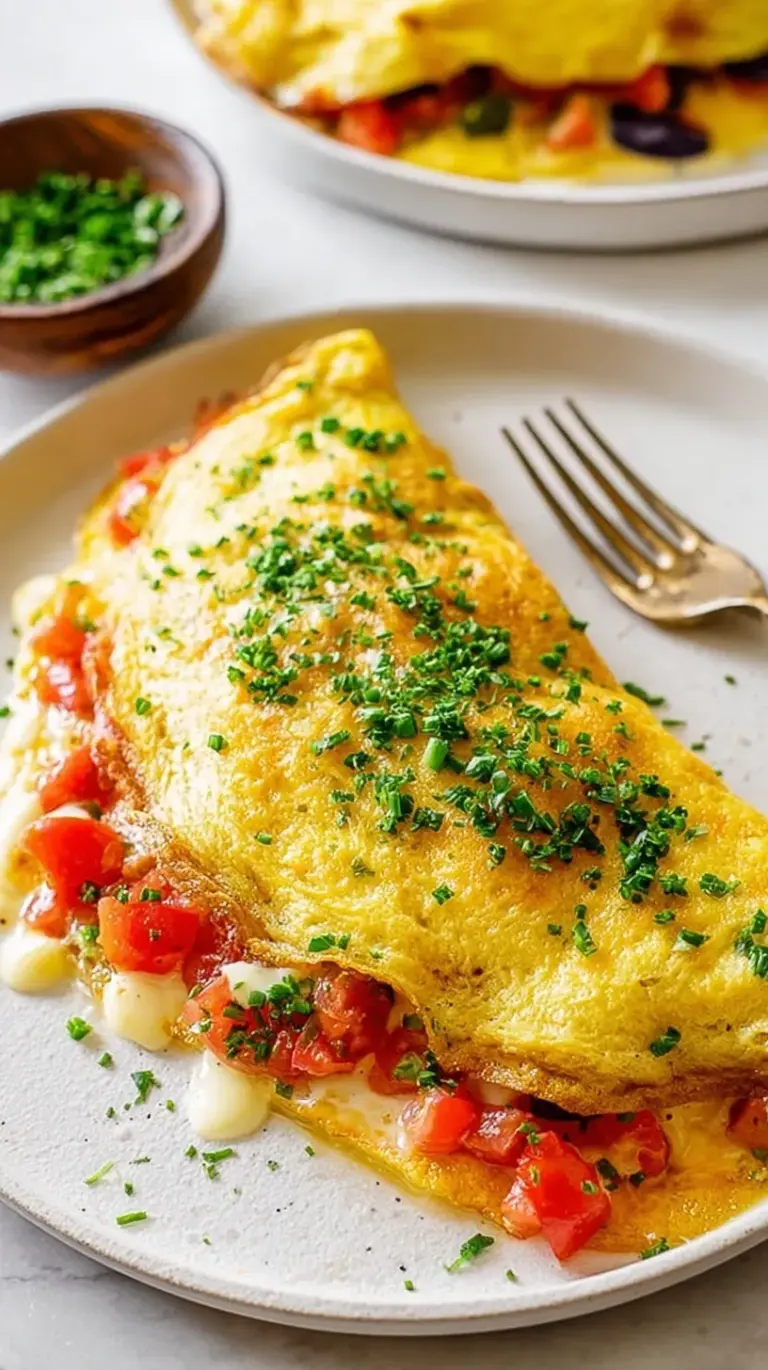 A fluffy golden omelette filled with creamy cottage cheese and fresh green chives on a white plate.