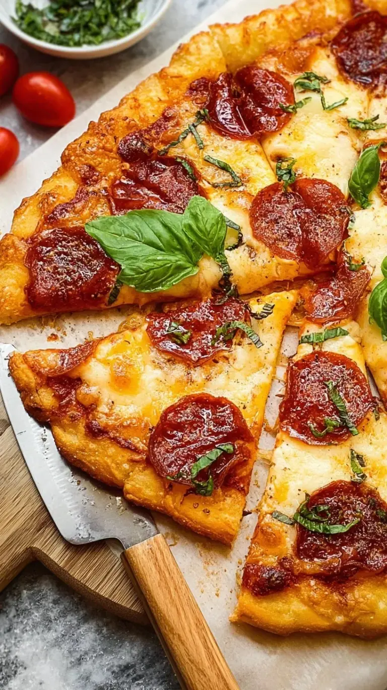 A golden brown cottage cheese pizza crust topped with fresh tomato sauce and melted mozzarella on parchment paper.