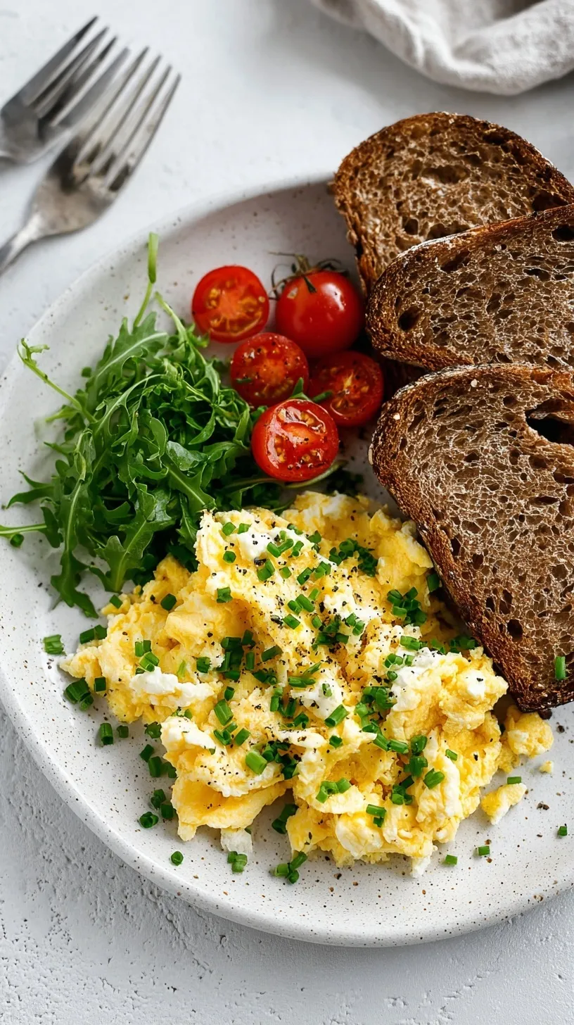 Fluffy scrambled eggs with cottage cheese and fresh chives in a skillet