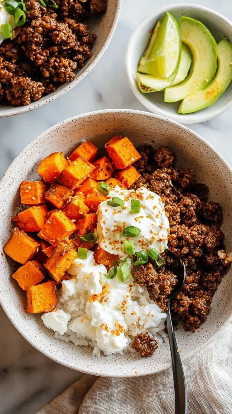A colorful bowl with roasted sweet potatoes, seasoned ground beef, creamy cottage cheese, and diced avocado.