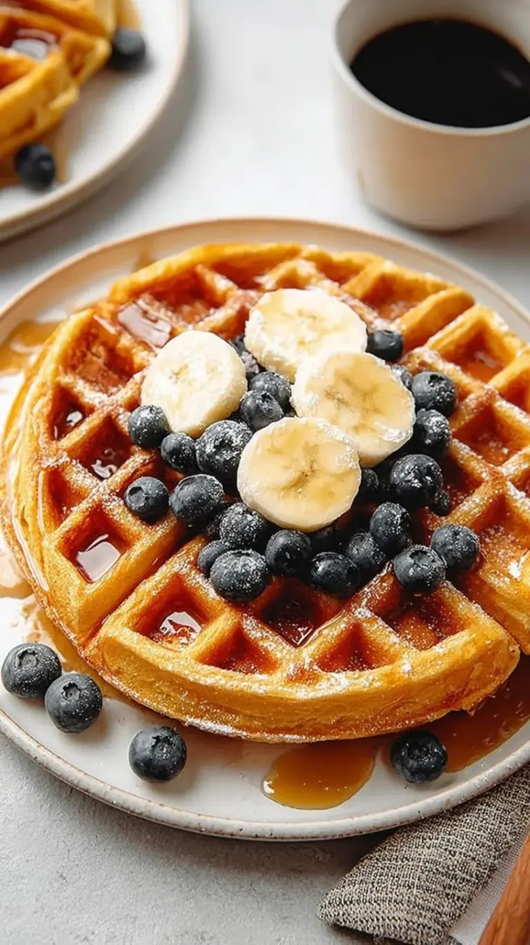 Golden brown crispy cottage cheese waffles topped with fresh berries and maple syrup on a white plate.