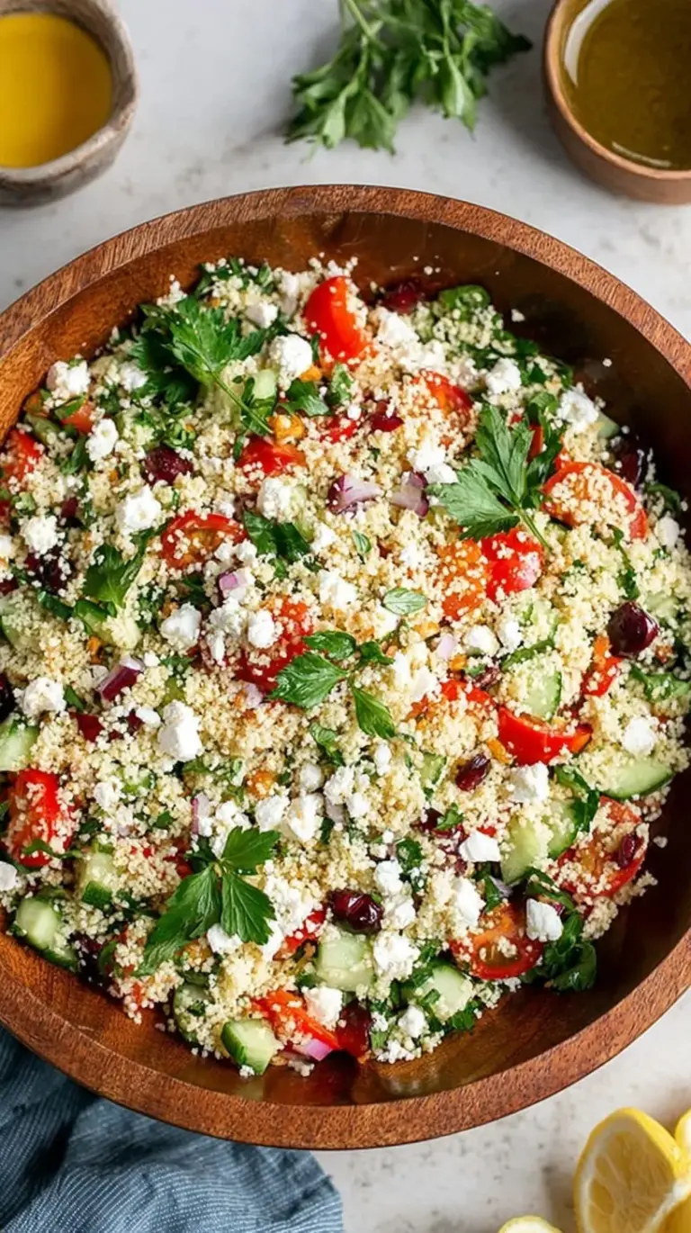 A colorful bowl of Mediterranean couscous salad with cherry tomatoes, cucumbers, herbs, and feta cheese.