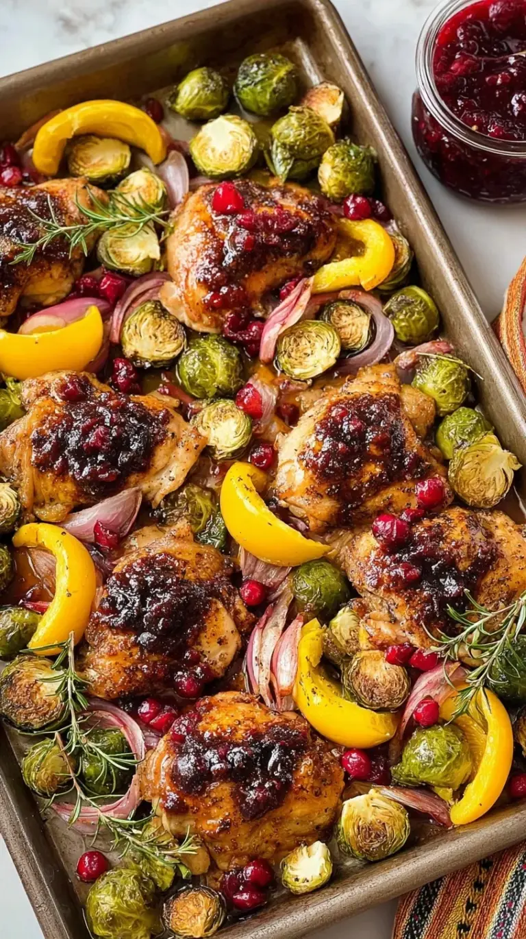 A colorful sheet pan with roasted chicken thighs, Brussels sprouts, carrots, and bursting red cranberries in a balsamic glaze.