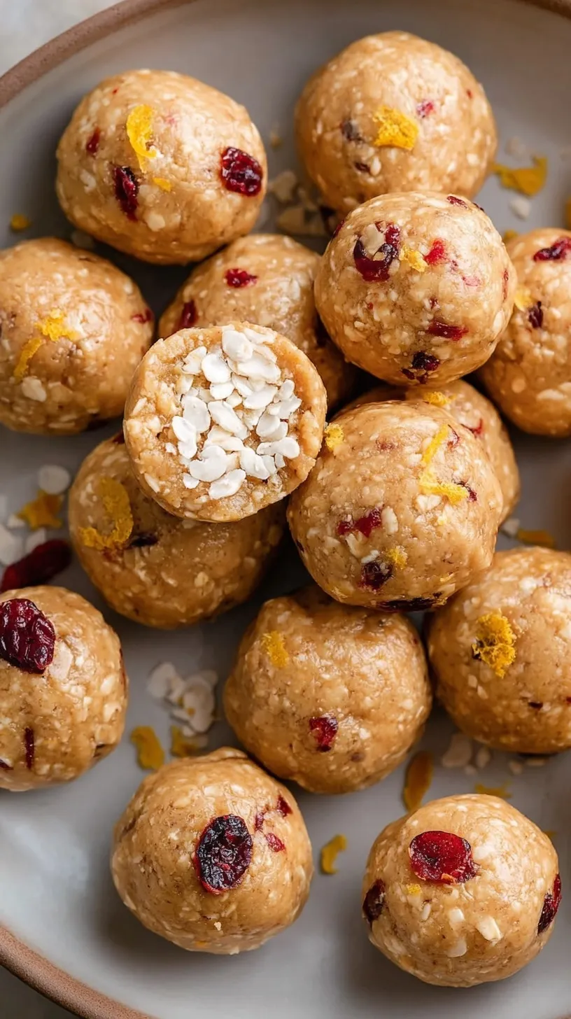 A pile of round Cranberry Orange Protein Balls on a white plate with orange zest sprinkled on top.