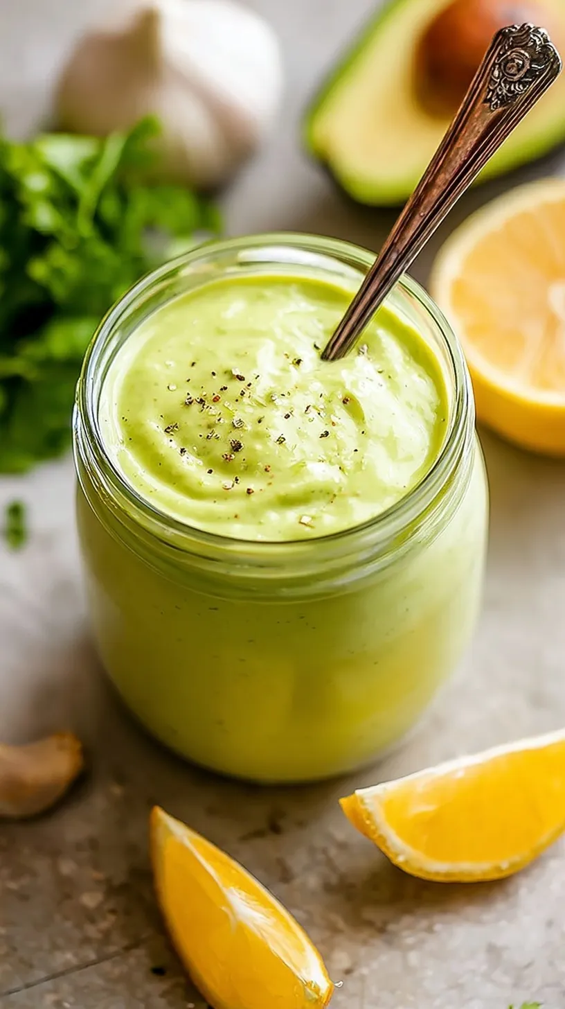 A jar of vibrant green creamy avocado dressing next to fresh lime and cilantro.