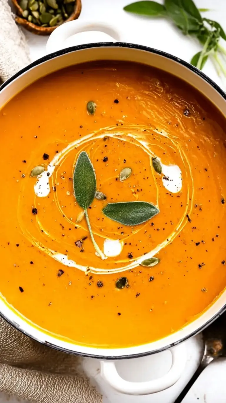 A bowl of vibrant orange butternut squash soup garnished with fresh sage and a swirl of cream.
