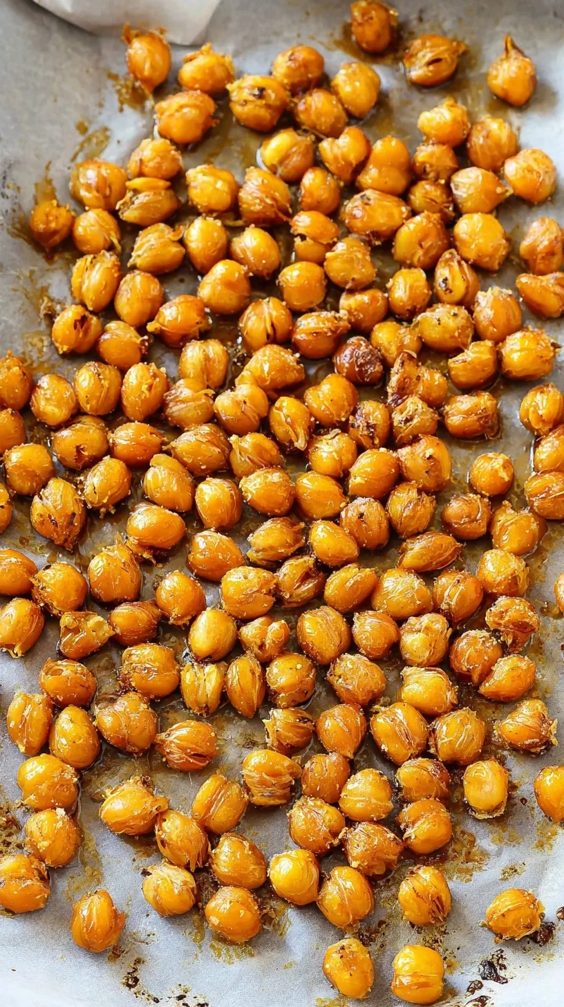 A bowl of golden brown crispy roasted chickpeas seasoned with smoked paprika and herbs.