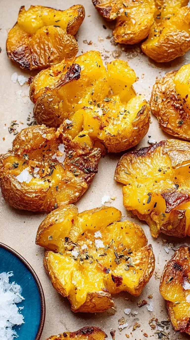 A tray of golden brown crispy smashed potatoes topped with fresh rosemary and sea salt