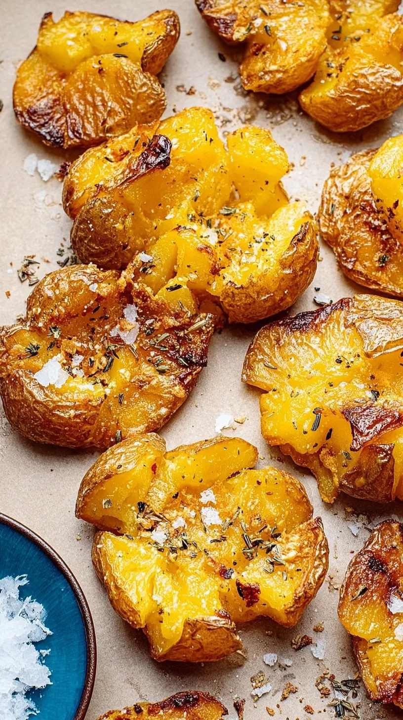 A tray of golden brown crispy smashed potatoes topped with fresh rosemary and sea salt
