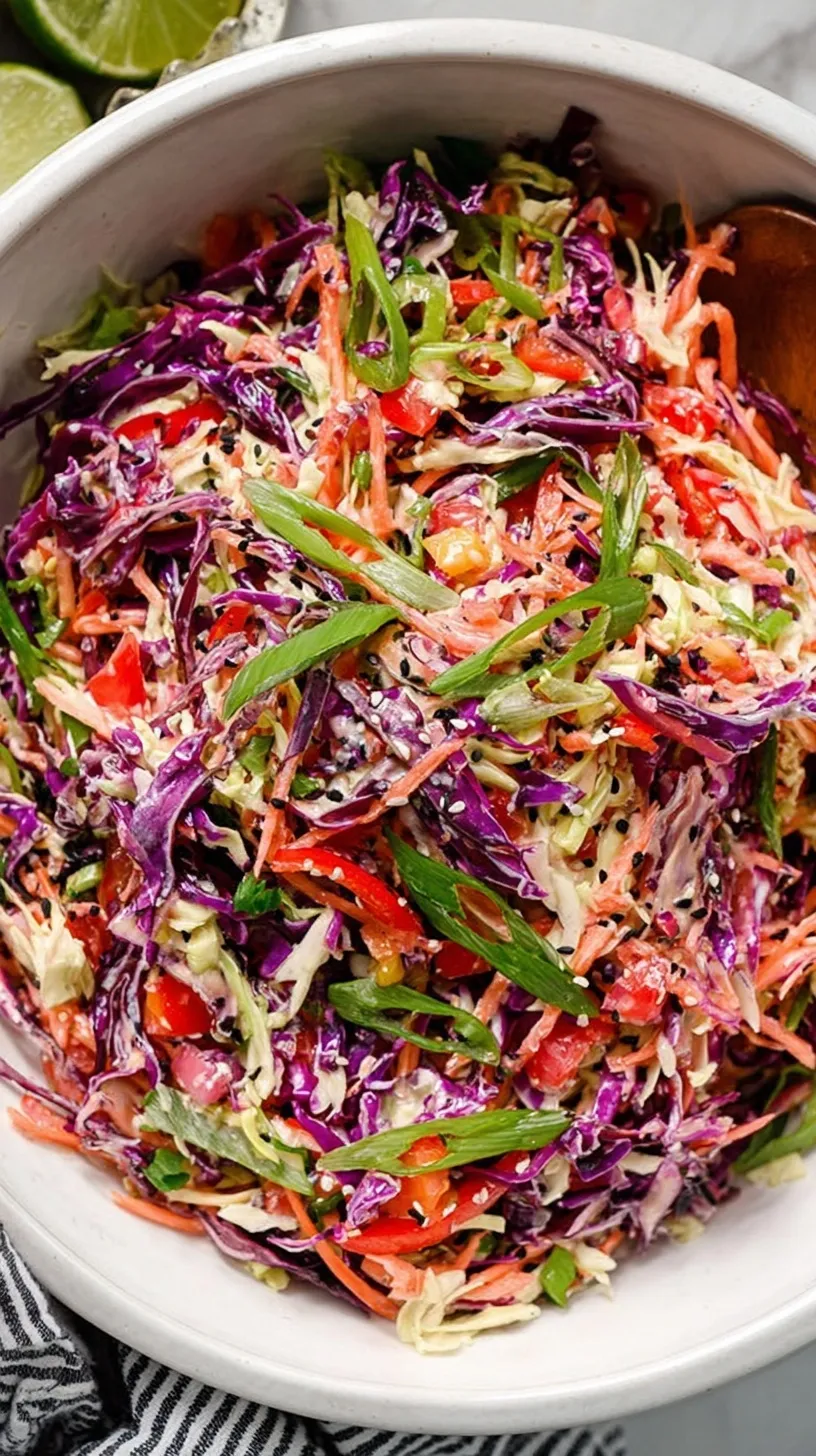 A colorful bowl of shredded green and red cabbage slaw topped with toasted almonds and ramen noodles