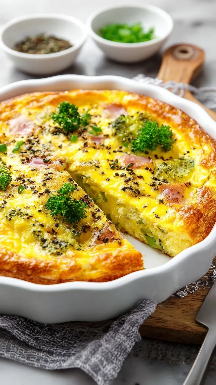 A golden brown crustless quiche in a white pie dish with melted cheese and green spinach