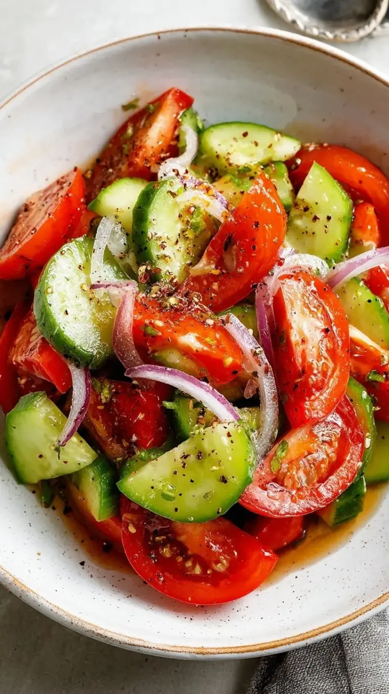 A vibrant bowl of cucumber tomato salad with red onions and fresh parsley