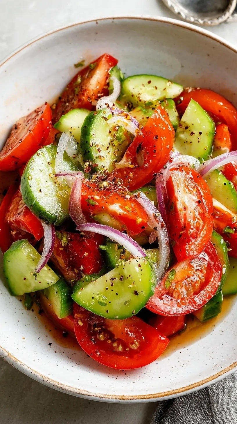 A vibrant bowl of cucumber tomato salad with red onions and fresh parsley