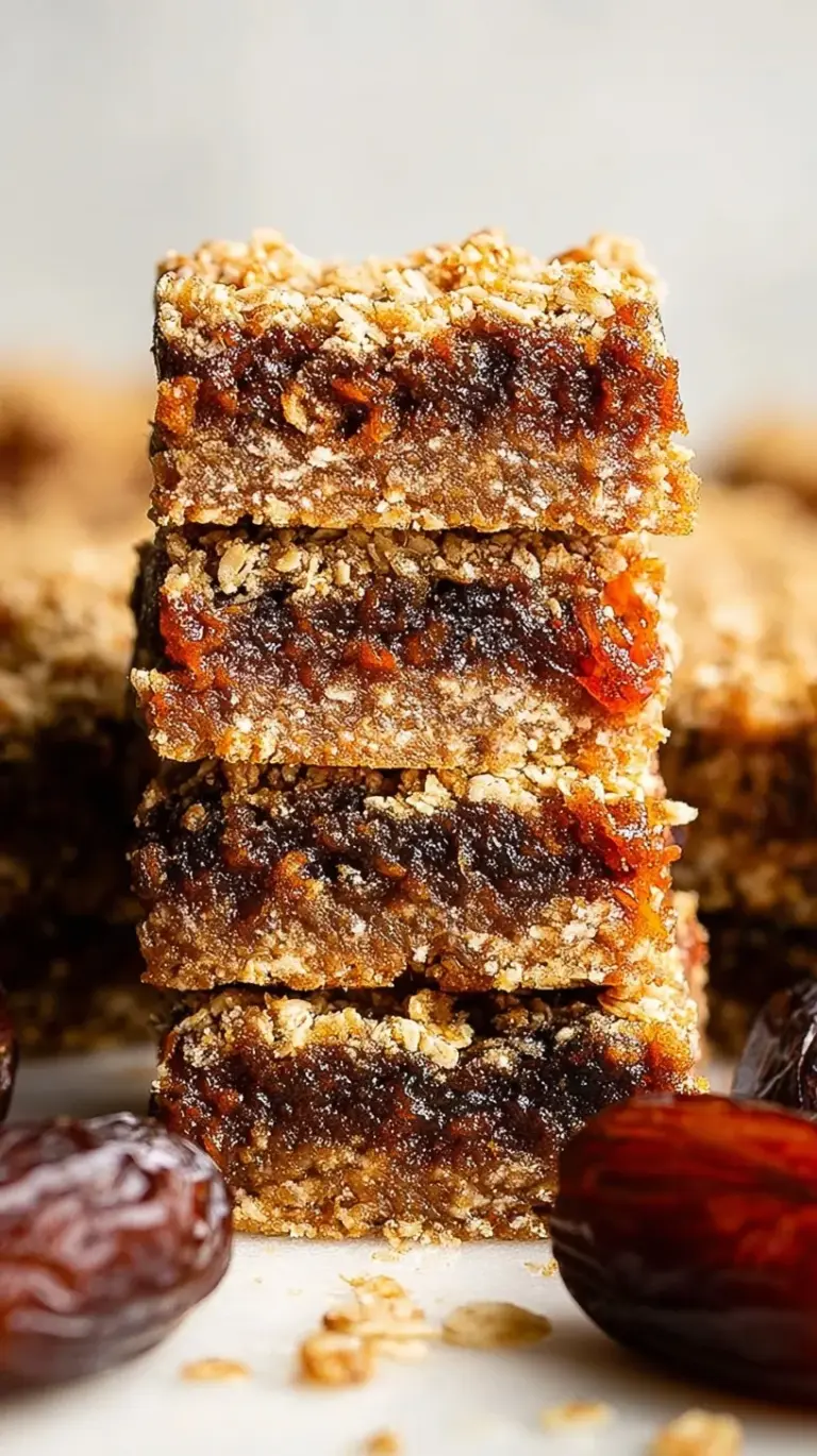 A stack of golden brown date squares with a visible jammy date filling on a parchment-lined tray.