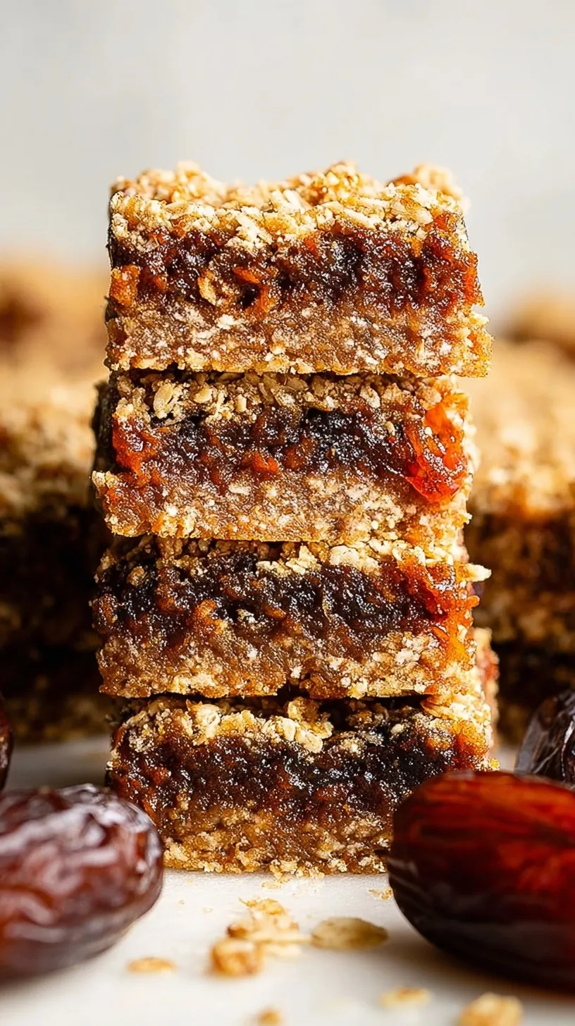 A stack of golden brown date squares with a visible jammy date filling on a parchment-lined tray.