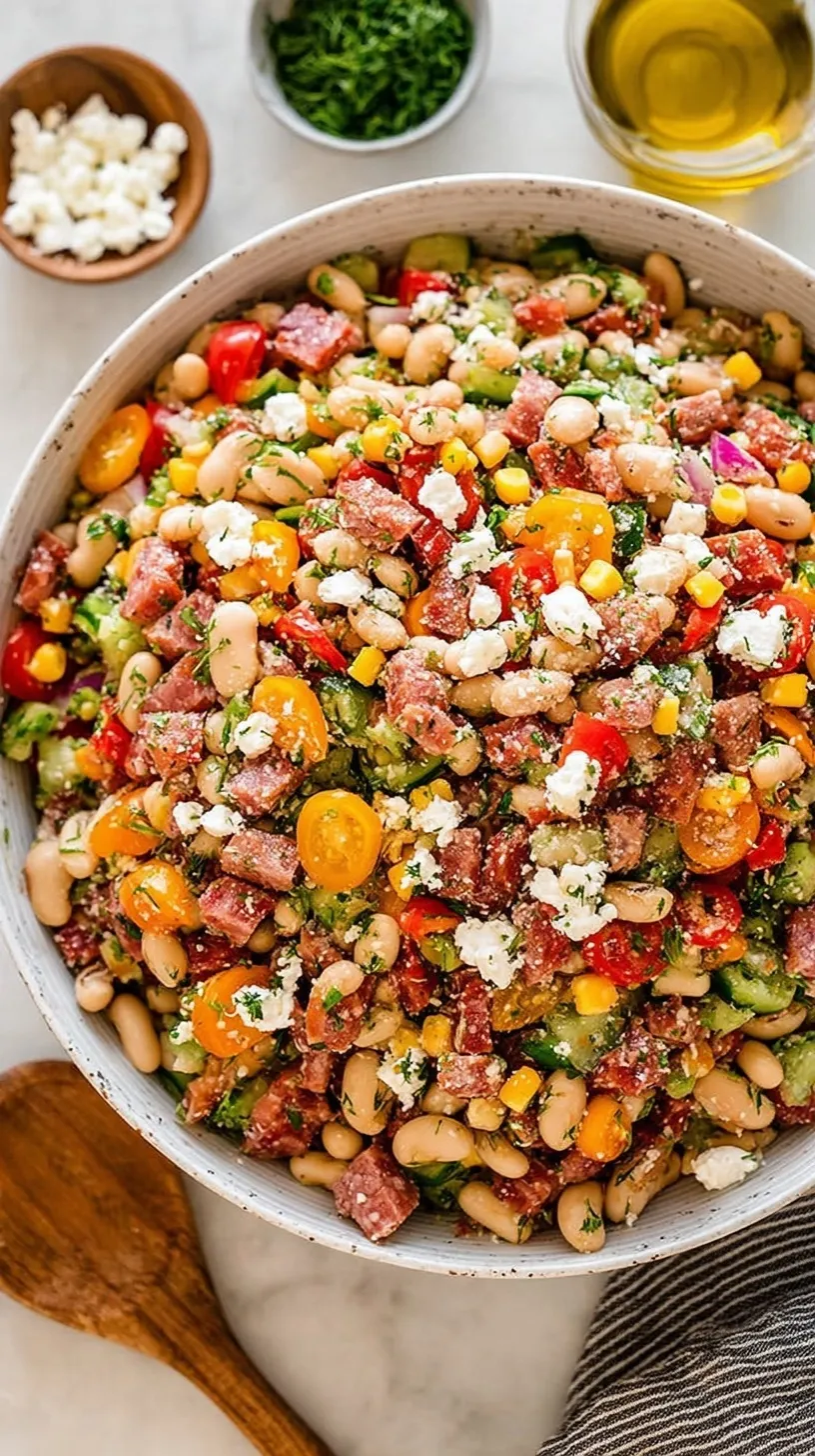 A colorful bean salad with chickpeas, diced salami, feta cheese, and fresh parsley in a bowl.