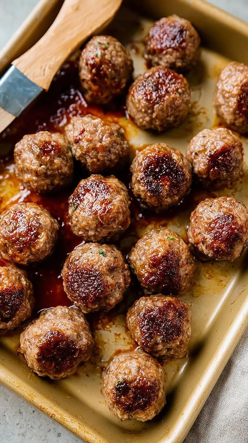 Golden brown baked meatballs on a parchment-lined baking sheet with fresh parsley