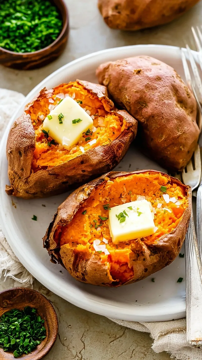 A perfectly roasted sweet potato sliced open on a parchment-lined baking sheet