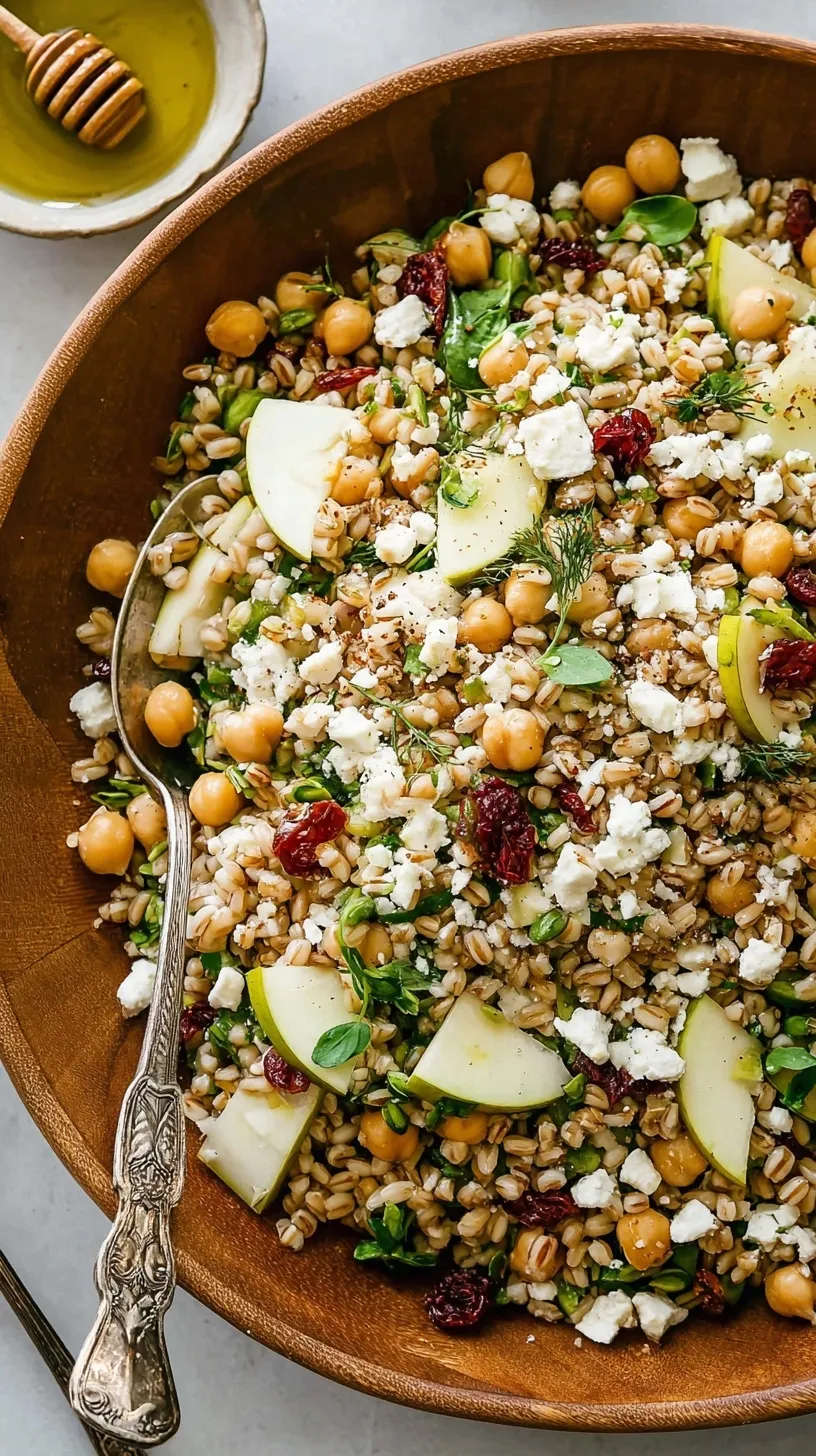 A colorful bowl of barley salad with chickpeas, cucumbers, and feta cheese