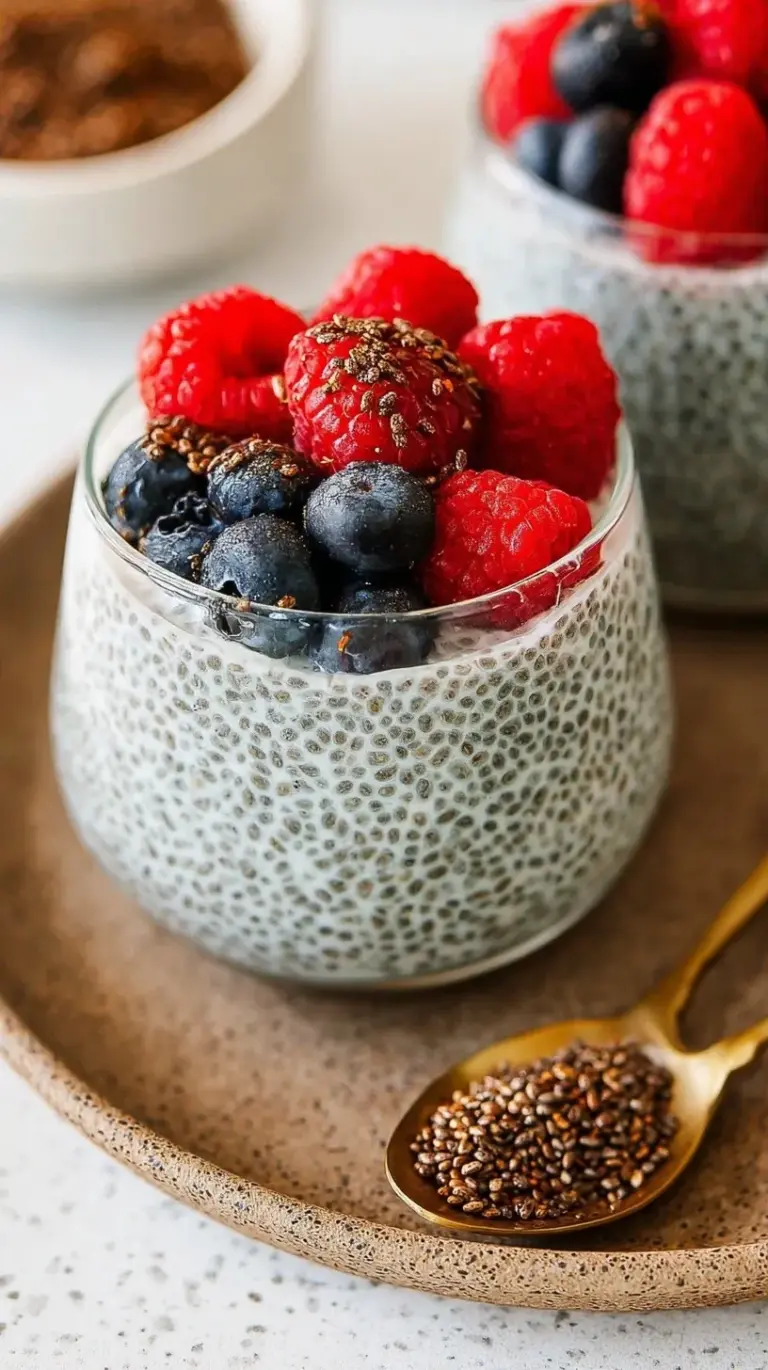 A small glass jar filled with creamy basil seed pudding topped with fresh blueberries.